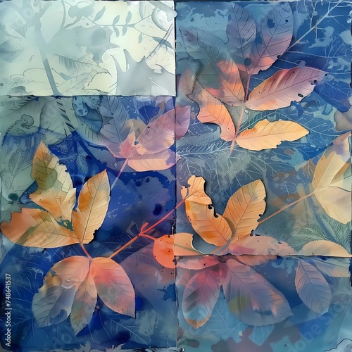 Seasonal leaf background, digital watercolor and collage