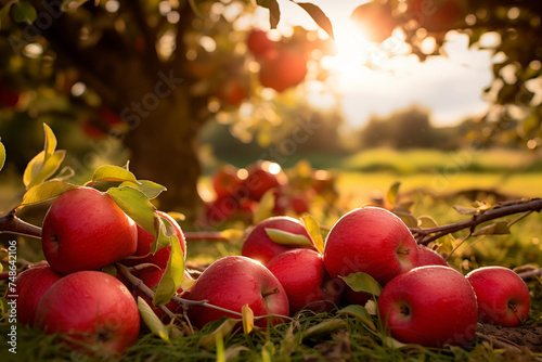 Apple Orchard. Organic Apple. Harvest Concept. Garden.  Apples on farm in autumn. Healthy nutrition.