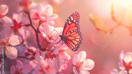 blooming beautiful flowers and butterfly for background. 
