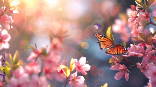 blooming beautiful flowers and butterfly for background. 