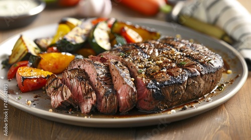 Juicy grilled steak served with roasted vegetables, a hearty and satisfying meal option.