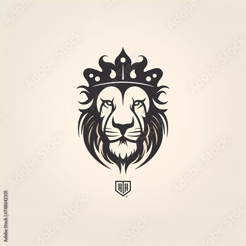 black and white vector logo of a male lion head wearing a crown, on a minimalist background. generative ai © munja02