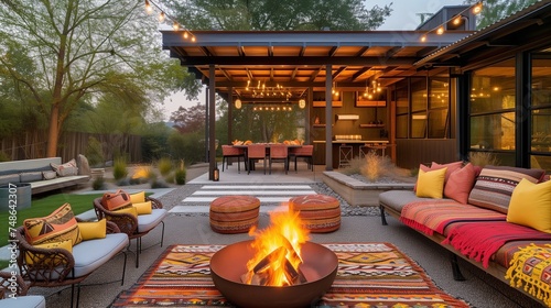 A Nairobi-inspired craftsman home, with a vibrant Maasai-inspired outdoor seating area and bonfire pit