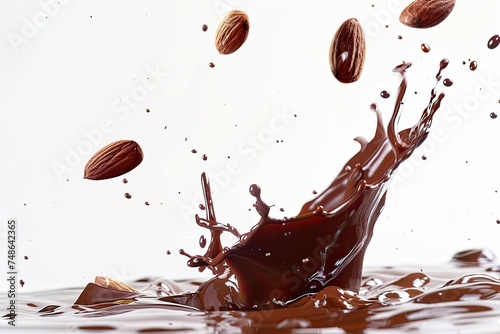 splash of liquid chocolate and almond floating on white background