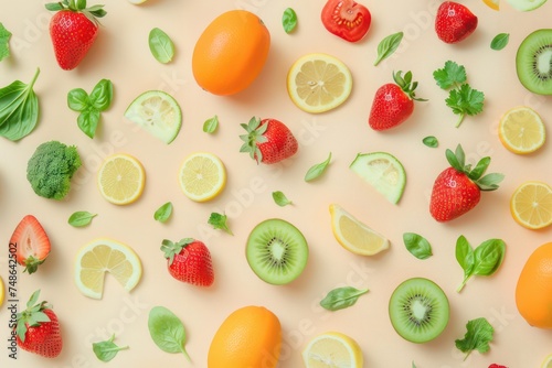 Pattern of variety fresh of organic fruits and vegetables and healthy vegan meal ingredients on beige background. 