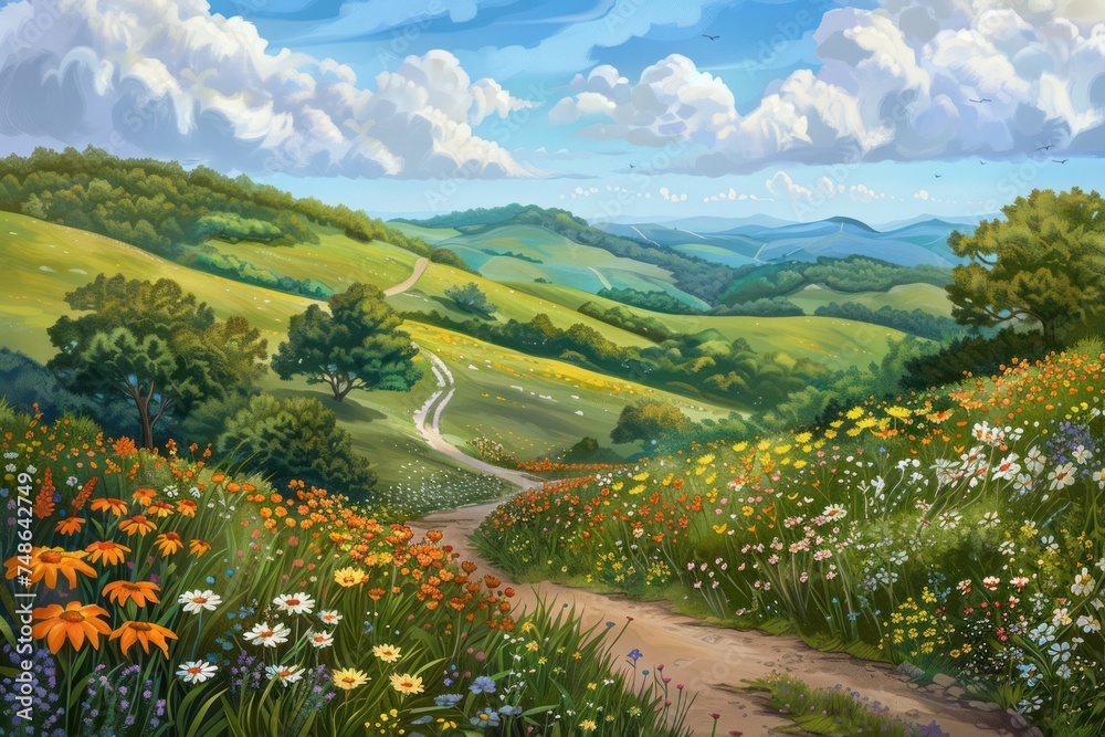 Peaceful countryside scene, with rolling hills, fields of wildflowers, and a winding country road disappearing into the distance. 