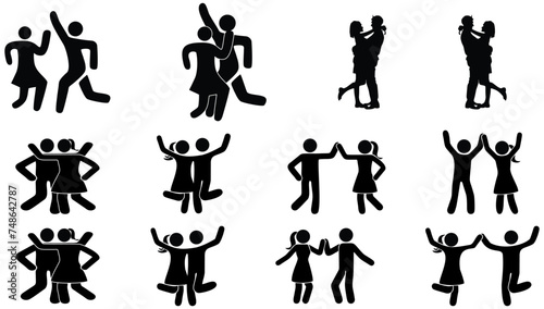 Happy man and woman stick figure dancing together. Black and white couple enjoy party icon. photo