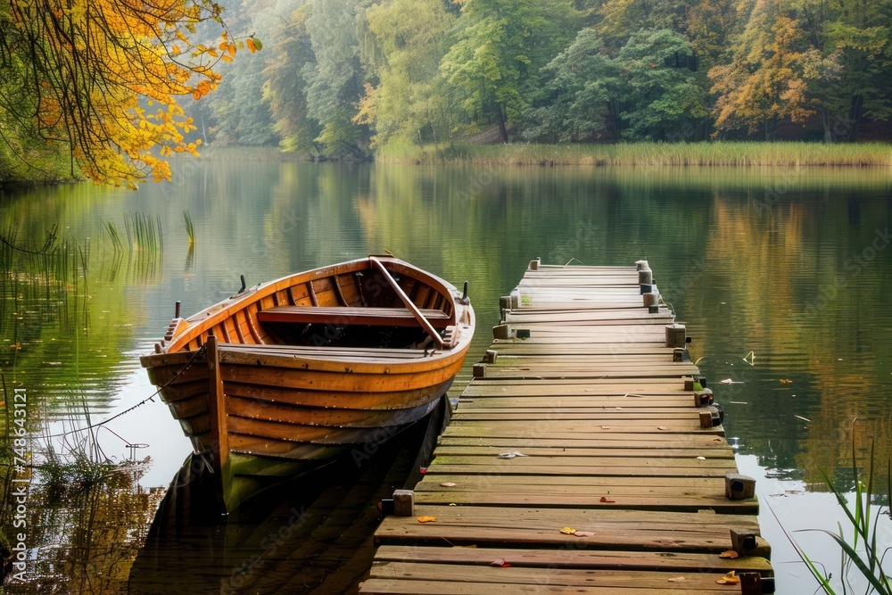 Peaceful lakeside retreat, with a wooden dock stretching out into the water, a rowboat moored nearby, and the sound of birdsong in the air.