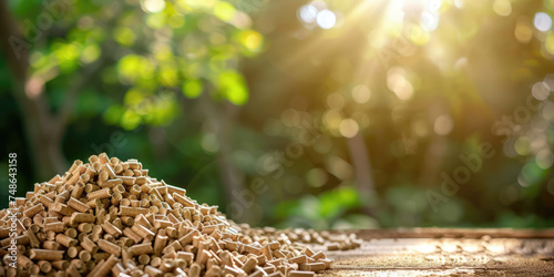 A pile of wood pellets on a rustic surface bathed in the warm glow of sunlight filtering through a lush green forest.