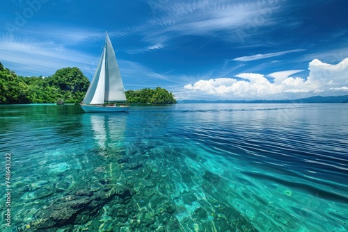Picturesque scene of a sailing boat gliding through crystal-clear waters, with a backdrop of lush islands and a brilliant blue sky.