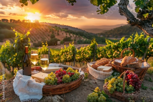 Picturesque vineyard at sunset, where rows of grapevines stretch to the horizon and picnic baskets overflow with gourmet cheeses and crusty bread. 