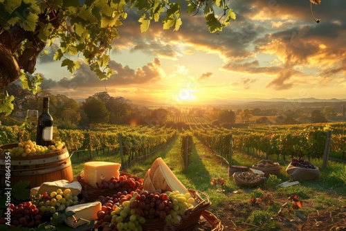 Picturesque vineyard at sunset, where rows of grapevines stretch to the horizon and picnic baskets overflow with gourmet cheeses and crusty bread. © Straxer