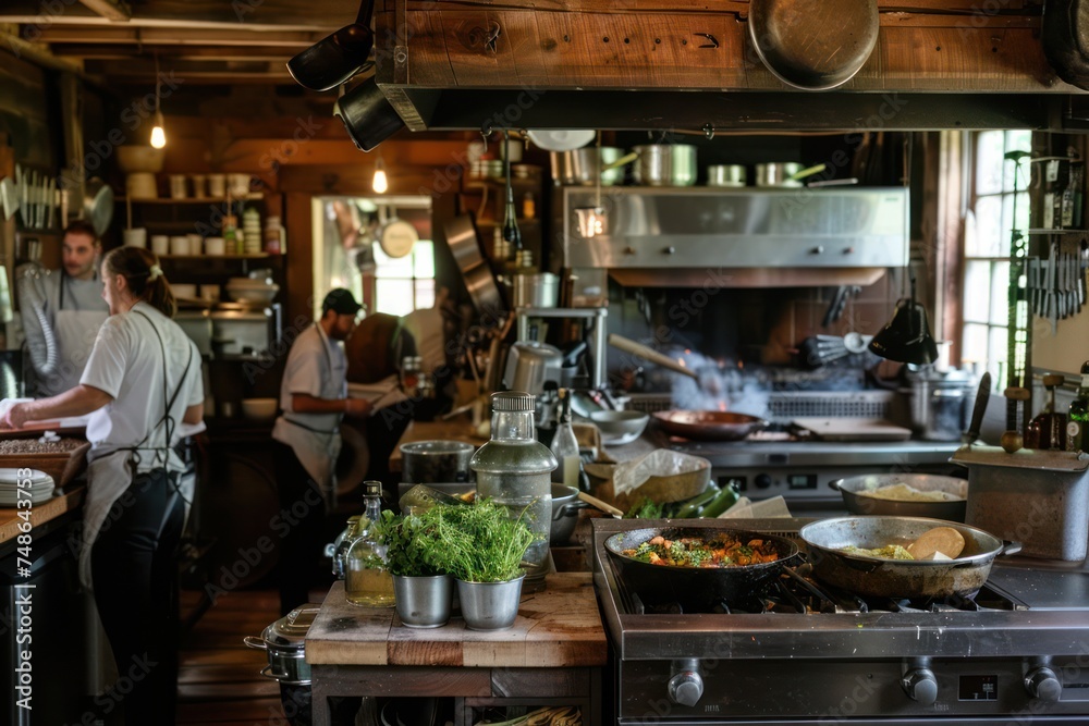 Rustic farmhouse kitchen bustling with activity, as chefs chop vegetables, simmer pots of soup, and bake crusty loaves of bread in a wood-fired oven. 