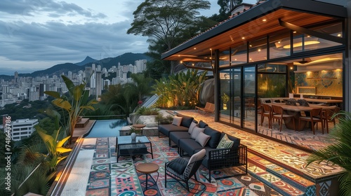A Rio de Janeiro-inspired craftsman retreat, with a mosaic-tiled outdoor lounge area and panoramic city views photo