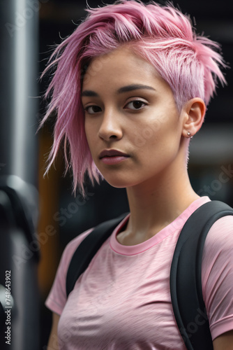 young latina influencer woman with pink hair with attitude