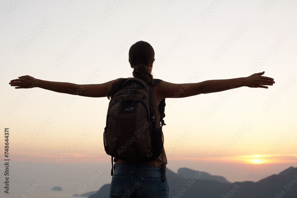 Woman, silhouette and freedom with mountain, sunset and adventure for travel or holiday. Tourist, brazil and backpack with sunrise, view and nature for calm and fulfillment with hike for health