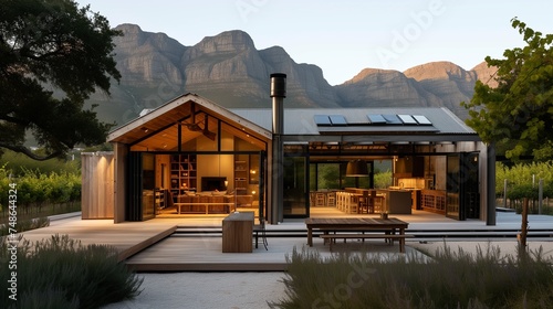 A rustic craftsman dwelling in Cape Town, surrounded by vineyards and embracing South African farmhouse aesthetics