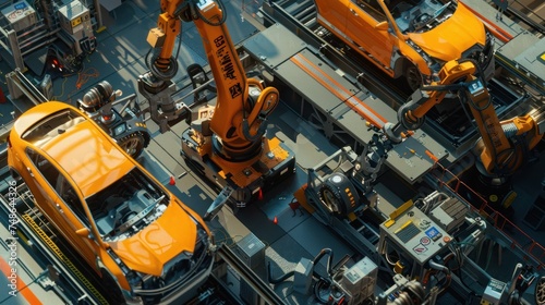 Top-down view robots with car body on production line 