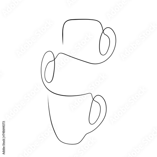 One continuous drawing line. Printable decorative poster with general concept of 3 cups