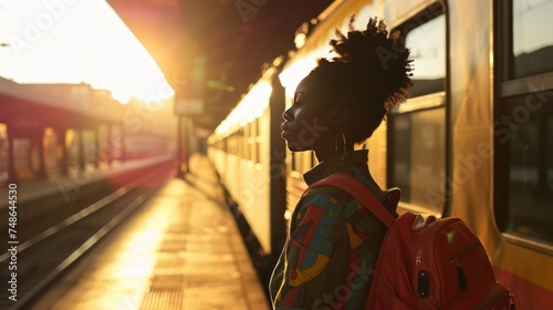 Women and travel, tourism concept,black woman passenger waiting on railway station ,