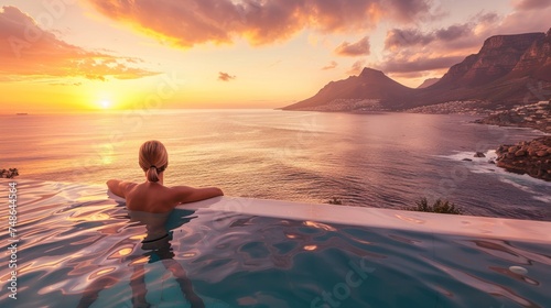  travel woman swimming in pool with beautiful sunset 
