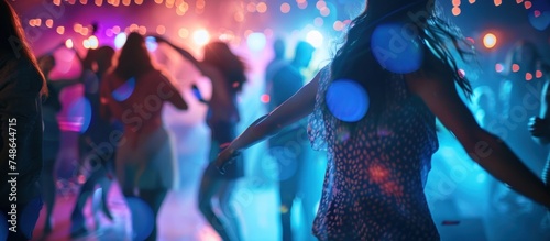Happy young people having fun dancing at party nightclub with vibrant colored lights. Generated AI