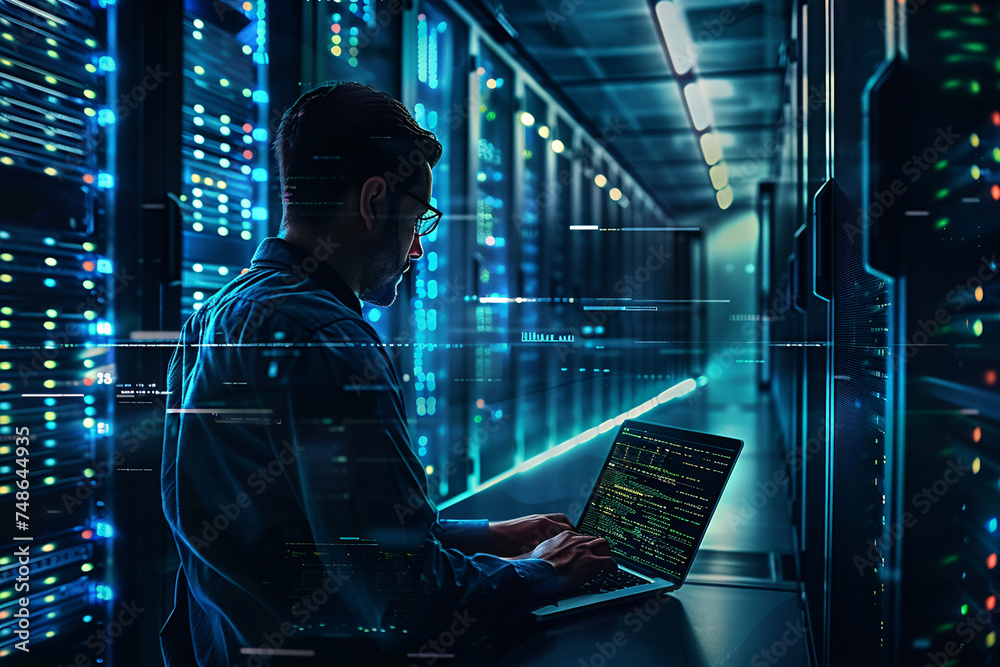 Fototapeta premium networking engineer, netwokring equiment, electrician at work, servers, server room, IT Administrator, Datacenter, service provider, database, computer server room, data storage, network hub and patch