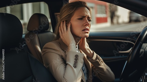 Woman stressed or having a headache while sitting in the car, woman feeling stressed in the car 