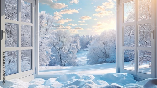  winter background winter landscape with window.