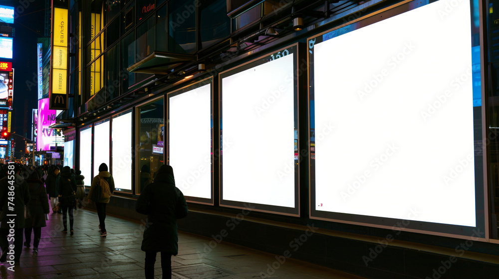 busy areas, districts, vertical and horizontal displays showcase advertisements, their screens left blank and white busy areas, districts, vertical and horizontal displays showcase advertisements, their screens left blank and white