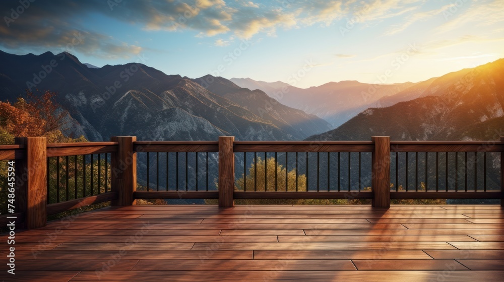 Wooden balcony with a beautiful view,Wooden balcony with beautiful mountains during sunset