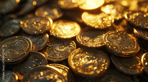 Sparkling golden coins on bright light glowing bokeh background