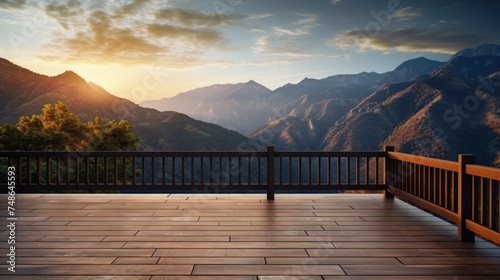 Wooden balcony with a beautiful view,Wooden balcony with beautiful mountains during sunset © CStock