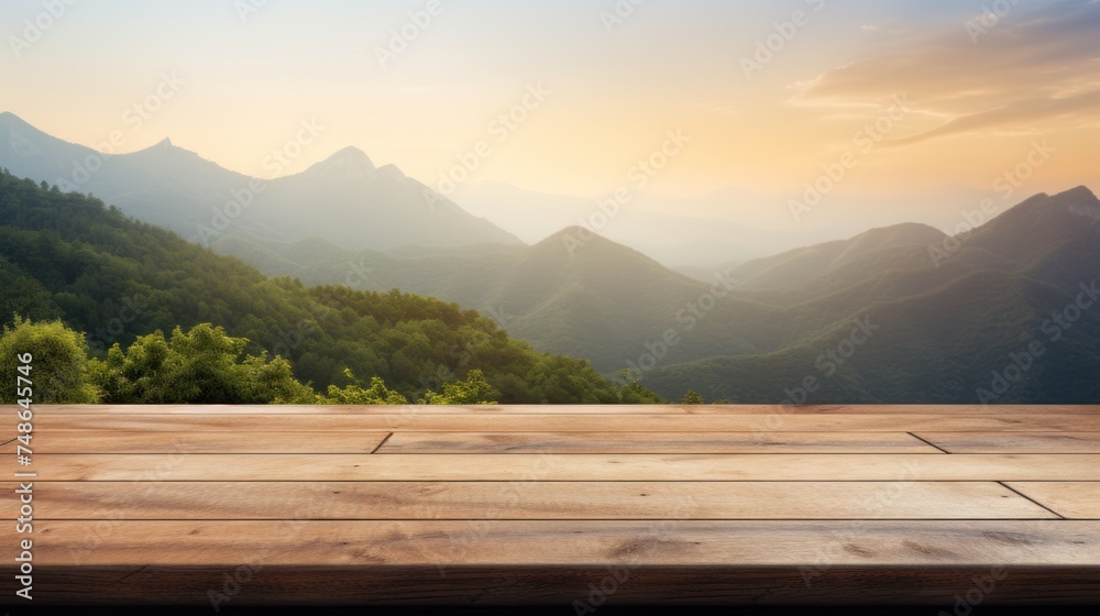 Fototapeta premium Wooden table on blur mountain morning ,Empty wooden product stands with beautiful nature