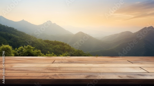 Wooden table on blur mountain morning ,Empty wooden product stands with beautiful nature
