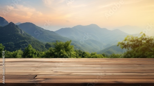 Wooden table on blur mountain morning  Empty wooden product stands with beautiful nature