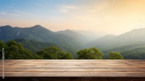 Wooden table on blur mountain morning ,Empty wooden product stands with beautiful nature