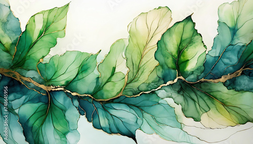 Zielone tło, abstrakcyjne liście akwarela. Dekoracja na ściane © Iwona