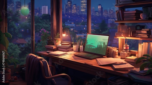Anime inspired lofi interior: a cozy desk with hip-hop lights and manga vibes overlooking the forest