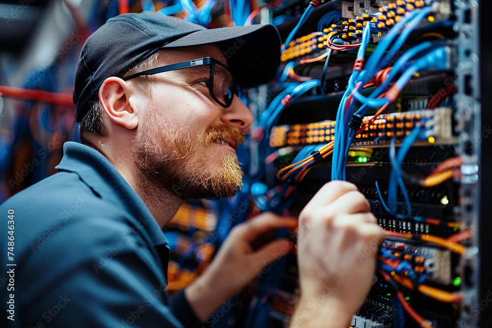 networking engineer, netwokring equiment, electrician at work, servers ...