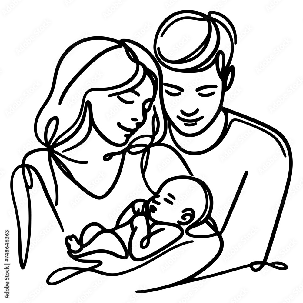 Continuous one black line art drawing parents with newborn baby doodles outline style vector illustration on white background Continuous one black line art drawing parents with newborn baby doodles outline style vector illustration on white background