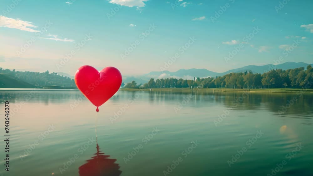 a heart shape balloon floating in a beautiful lake, 4k video, valentine background