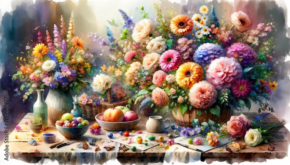 Landscape Watercolor of Assorted Flowers on a Table