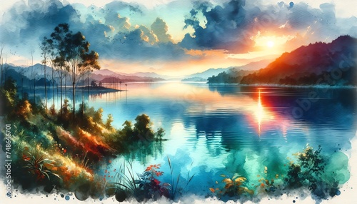 Landscape Watercolor of Sunset at Lake
