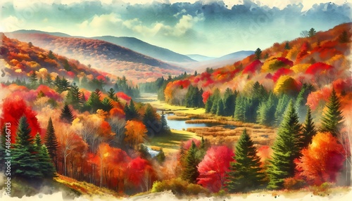 Landscape Watercolor of Fall Colors in the Eastern USA