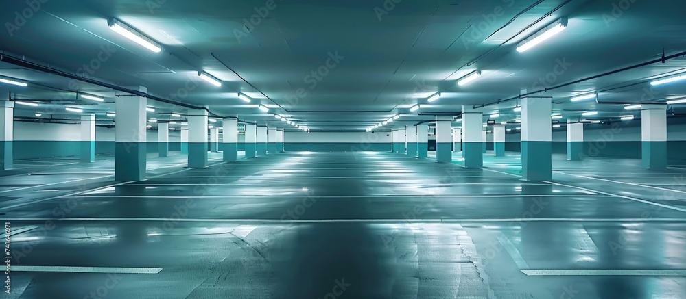 Empty large building of underground parking with lights copy space background. Generated AI image