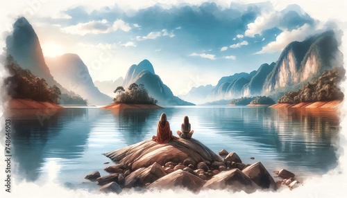Landscape Watercolor of two Women Sitting on a Rock Facing a Body of Water and a Mountain photo