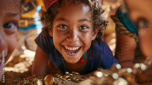 Joyful Child with Treasures  A gleeful child with curly hair  playing with golden trinkets  symbolizing innocence and the simple joys of childhood.