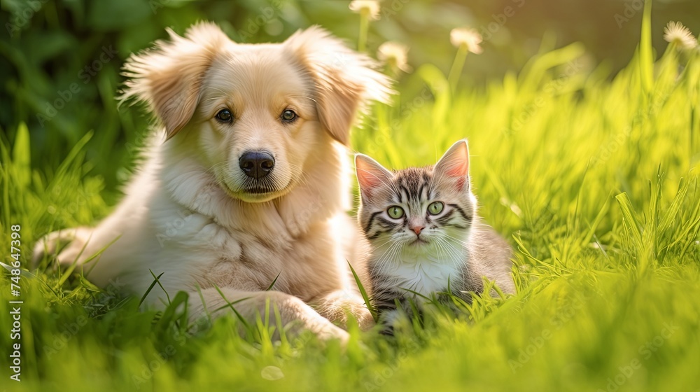 Carnivore vertebrates dog and cat happily laying on grass together