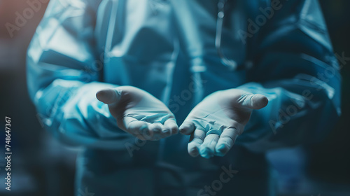 A surgeon is performing a procedure on a patient. The scene is dark and intense, with the surgeon wearing a blue surgical gown and gloves.
